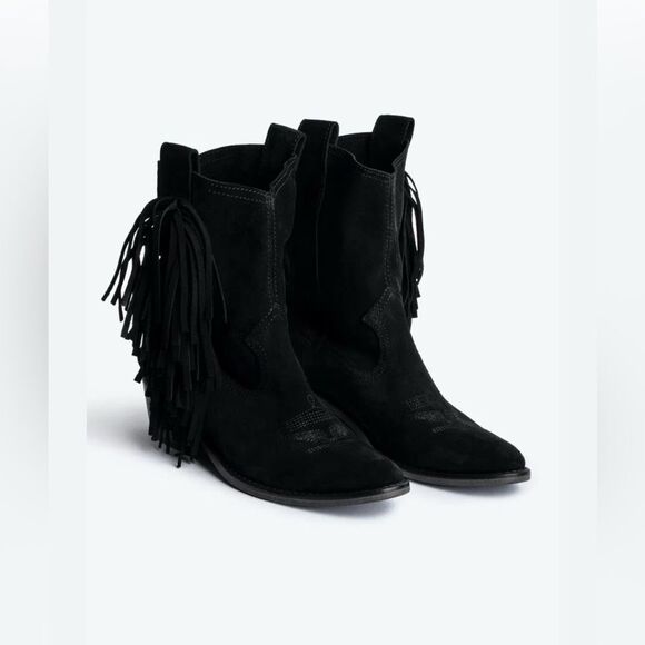 Zadig & Voltaire Pilar Western Fringe black Suede Ankle Boots French 37/US 6 - Picture 3 of 14